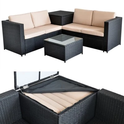 Rattanlounge + Tisch und Kissenbox in Schwarz Garten Sofa Lounge Gartenmöbel - Bild 1 von 4