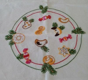 Vintage German Embroidered Christmas Tablecloth Candy Bird Balsam Sprigs 30" - Picture 1 of 6