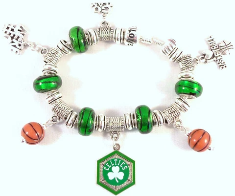 GLASS BEADS Official NBA BOSTON CELTICS Football Charm Bracelet GREEN Silver Cover