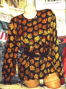 10  Silky  VinTage Blouse Black Gold Satin Jacquard Scrolls Art Nouveau - Picture 1 of 4