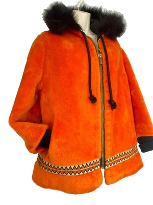 Vintage 1960s orange faux fur parka coat black hood Eskimo winter insulated 1970 - Image 1 of 4