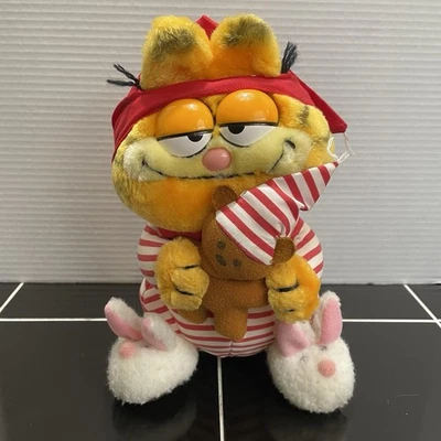 1981 Garfield Cat In Pajamas Plush Toy With Pookie Teddy Bear Stuffed 9” Dakin - Image 1 of 4