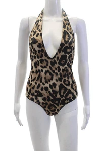 Zara Womens Stretch Animal Print Halter One Piece Bathing Suit Brown Size S - Picture 1 of 5