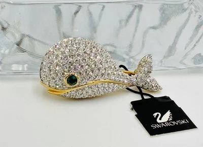VTG Swarovski Crystal Green Eyed Whale Gold Plated Brooch Pin Sea With Org. Box - Image 1 of 4