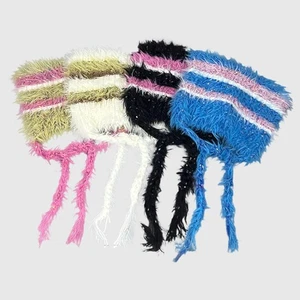 Mink Hair Contrast Stripe Cap Cat Ear Women Knitted Hat Outdoor - Picture 1 of 12