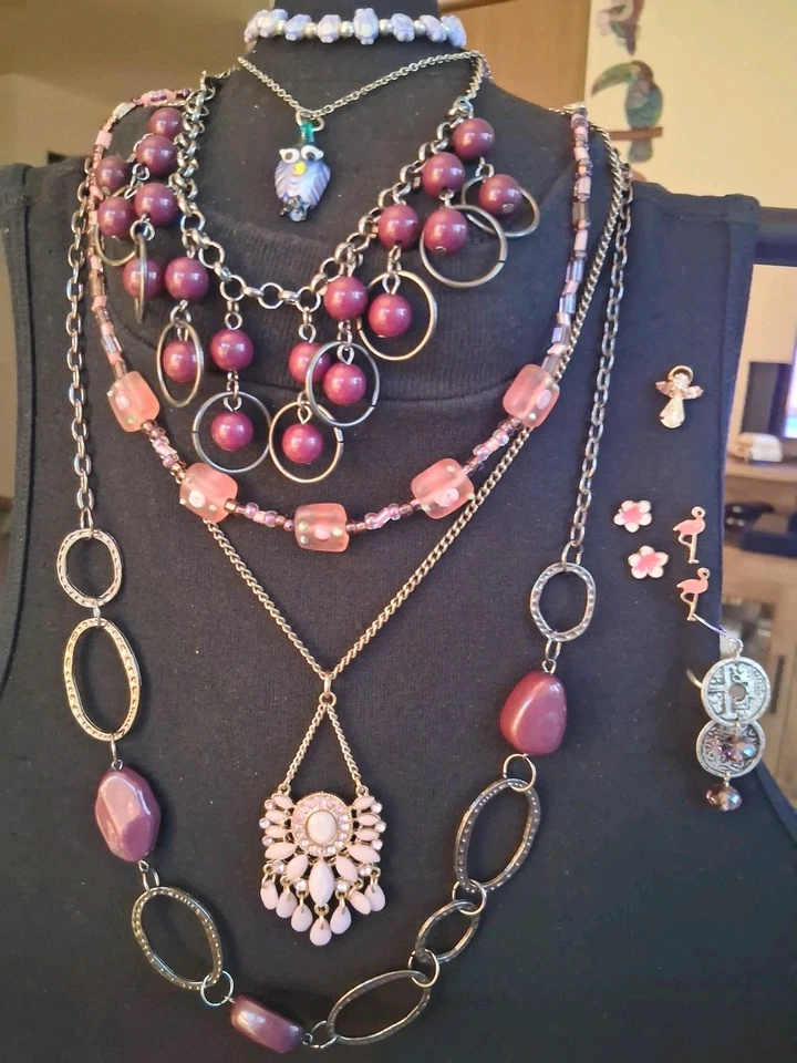 Lot Of 10 Purple/Pink Mixed Jewelery Flamingos Owls - Image 1 of 4