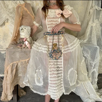 Antique 1920s Robe De Style Dress Organza & Lace Ruffles Panniers  Vintage - Image 1 of 4