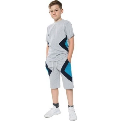 Bambini Ragazzi T-Shirt 100% Cotone Grigio Contrasto Pannelli Estate Shorts Set - Immagine 1 di 2