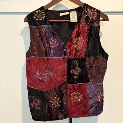 Chaleco De Colección Y2K Patchwork Mujer Mediano M Negro Terciopelo Bordado Boho Bloom India Foto 1 de 4