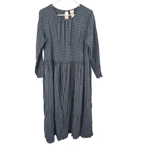 H&M Gingham Print Midi Dress M Womens Blue Long Sleeve Preppy Key Hole Back - Picture 1 of 8
