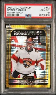 Spencer Knight PSA 10 21-22 O-Pee-Chee Platinum Series Seismic Gold 8/50 #204 RC - Image 1 of 3