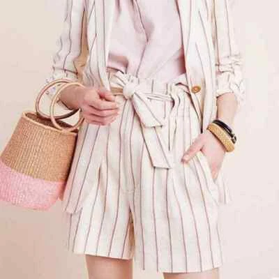 Pantalones Cortos Anthropologie Bolsa de Papel Mezcla de Lino Talla 6 Rayas Marfil Informales Usados en Excelente Condición B41 Foto 1 de 4