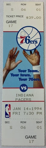 January 14, 1994 basketball ticket ~ PHILADELPHIA 76ERS vs INDIANA PACERS Cover