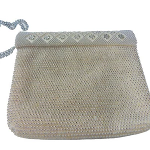 Vintage Glass Bead Evening Purse White Silver Tipped Beads Chain Strap Hong Kong - Picture 1 of 7