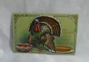 Antigua postal de Acción de Gracias de pavo con pastel de calabaza y salsa de arándanos 1908. - Imagen 1 de 2