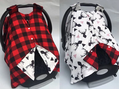 Baby Car seat Cover Deer Buck Black Cream with Red Buffalo Plaid Flannel 2 sides - Image 1 of 4