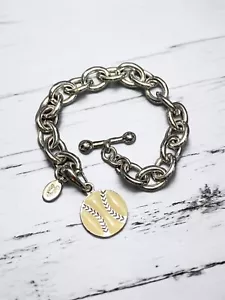 Vintage Enamel Baseball Charm Signed Cookie Lee Bracelet 7” Chrome Silver - Picture 1 of 7