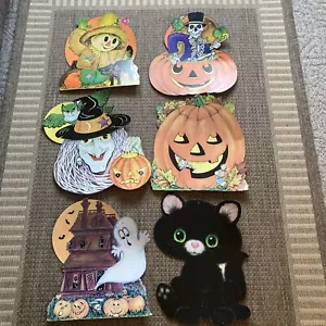 Lot 6 Vintage Halloween DieCut Out Decorations Witch Scarecrow Pumpkin Black Cat - Picture 1 of 12