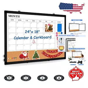 Durable 24"x18" Magnetic Dry Erase Calendar with Cork Board and Hanging Hooks - Picture 1 of 11