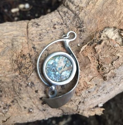 Pingente broche israelense vintage romano de vidro e prata feito à mão presente de Natal - Imagem 1 de 4