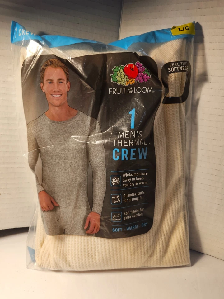Fruit of The Loom Men's L/s Waffle Knit Thermal Crew Top Kb8 Natural Large