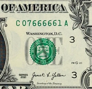UNC Cinco en una fila (6s) Bloque C-A Elegante Número de Serie Dólar C07666661A - Imagen 1 de 3