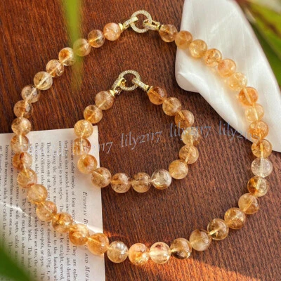 Collar pulsera de equilibrio curativo cuentas de piedras preciosas redondas de citrino natural mujeres hombres Foto 1 de 4