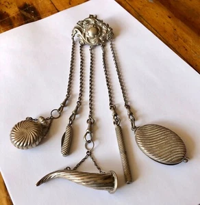 Chatelaine antigua de plata esterlina de Birmingham con 5 herramientas - Imagen 1 de 6