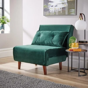 Single Sofa Bed Folding Chair Velvet Green Wooden Legs One Pillow Home Seconds - Picture 1 of 12