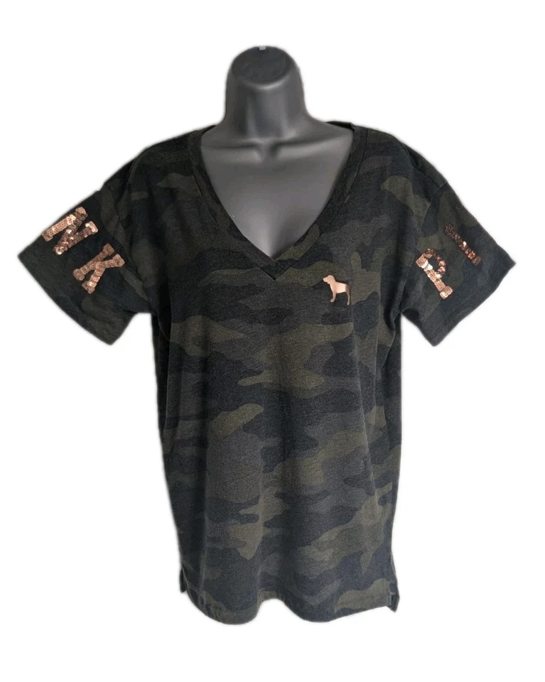CAMISA VICTORIA SECRET ROSA PERRO CUELLO EN V CAMUFLAJE ORO ROSA LENTEJUELAS LOGO talla Pequeña 0364 Foto 1 de 3
