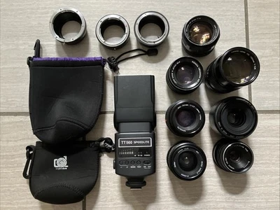 Assorted Camera Lenses & Accessories | Minolta & Canon | 28mm 50mm 135mm, Flash - Image 1 of 4