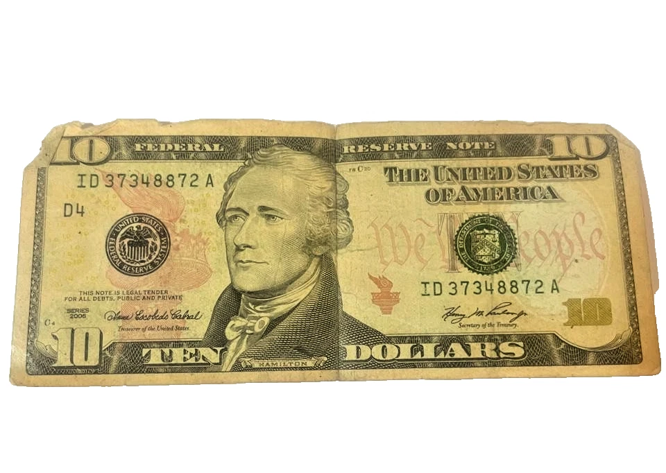 RARE Heavily Damaged $10 US Bill - 2006 Series - Error Collector Currency - Image 1 of 4
