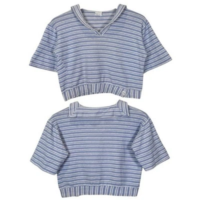 Camiseta vintage de algodón recortada cuadrada de manga corta marinero a rayas azules y blancas Foto 1 de 4