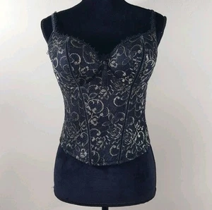 Cacique Lace Corset 38 C Black Gold Lace Bustier Underwire Boning Velet Accents - Picture 1 of 14