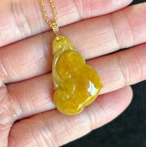 Yellow Auspicious Clouds Ruyi Jadeite Jade Pendant 18K Gold Buckle - Picture 1 of 9