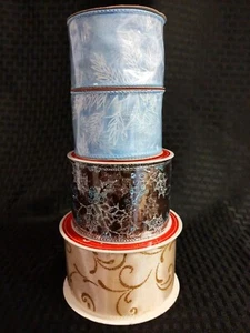 A Variety of Four (4) New Rolls of Holiday Ribbon Gold, Blue, Wine, Silver - Picture 1 of 7
