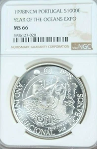 1998 PORTUGAL SILVER 1000 ESCUDOS YEAR OF THE OCEANS EXPO NGC MS 66 GEM BEAUTY - Picture 1 of 5