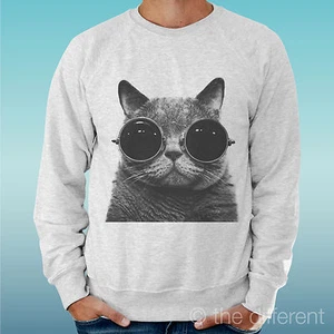 FELPA UOMO LEGGERA SWEATER GRIGIO CHIARO GREY " GATTO OCCHIALI FUNNY "  - Bild 1 von 1