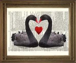 BLACK SWAN PRINT RED LOVE HEART: ANTIQUE DICTIONARY PAGE ROMANTIC BIRD ART PRINT - Picture 1 of 1