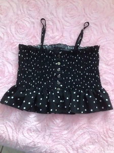 Women's Girls Polka Dots Shirred Crop Tank Top Black/White Size M/M - Picture 1 of 5
