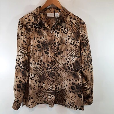 Blusa Alfred Dunner Mujer 12 Marrón Semi Transparente Estampado Animal Manga Larga Botón Foto 1 de 4