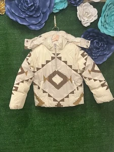 Polo Ralph Lauren Aztec Print Cream Hooded Down Puffer Size M (8-10) Kids - Picture 1 of 14