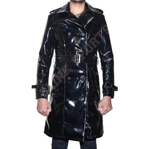 Men's Trench Vinyl Shiny Gothic Coat PVC Emo Top quality Faux Leather Black Coat - Picture 1 of 3