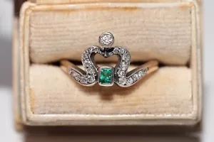 Antique Art Nouveau 14k Gold Top Silver Natural Diamond And Emerald Ring - Picture 1 of 15