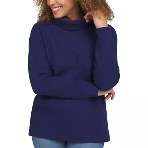 Lands' End Women's Long-Sleeve Waffle Funnel Neck Top, Dark blue, Size M - Picture 1 of 5
