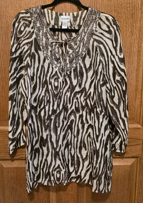 Chicos Marrón Tostado Cuentas Animal Print Top Talla 3 Seda Metalizado Jersey Foto 1 de 4