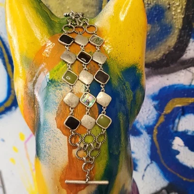 Pulsera hecha a mano con mosaico de peltre vinculado con madera, madreperla, verde/marrón Foto 1 de 4