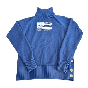 RL POLO JEANS COMPANY Blue USA Flag Big Logo Turtle Neck Knit Sweater Size M - Picture 1 of 5