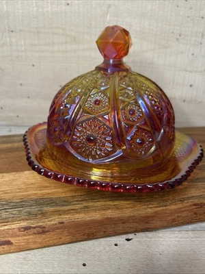 Vintage Indiana Red Sunset Carnival Glass Amberina Butter Or Cheese Dish - Image 1 of 4