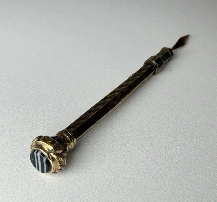 "Antigua pluma de inmersión retráctil llena de oro con acabado de ágata con bandas ornamentado 3""" Foto 1 de 4